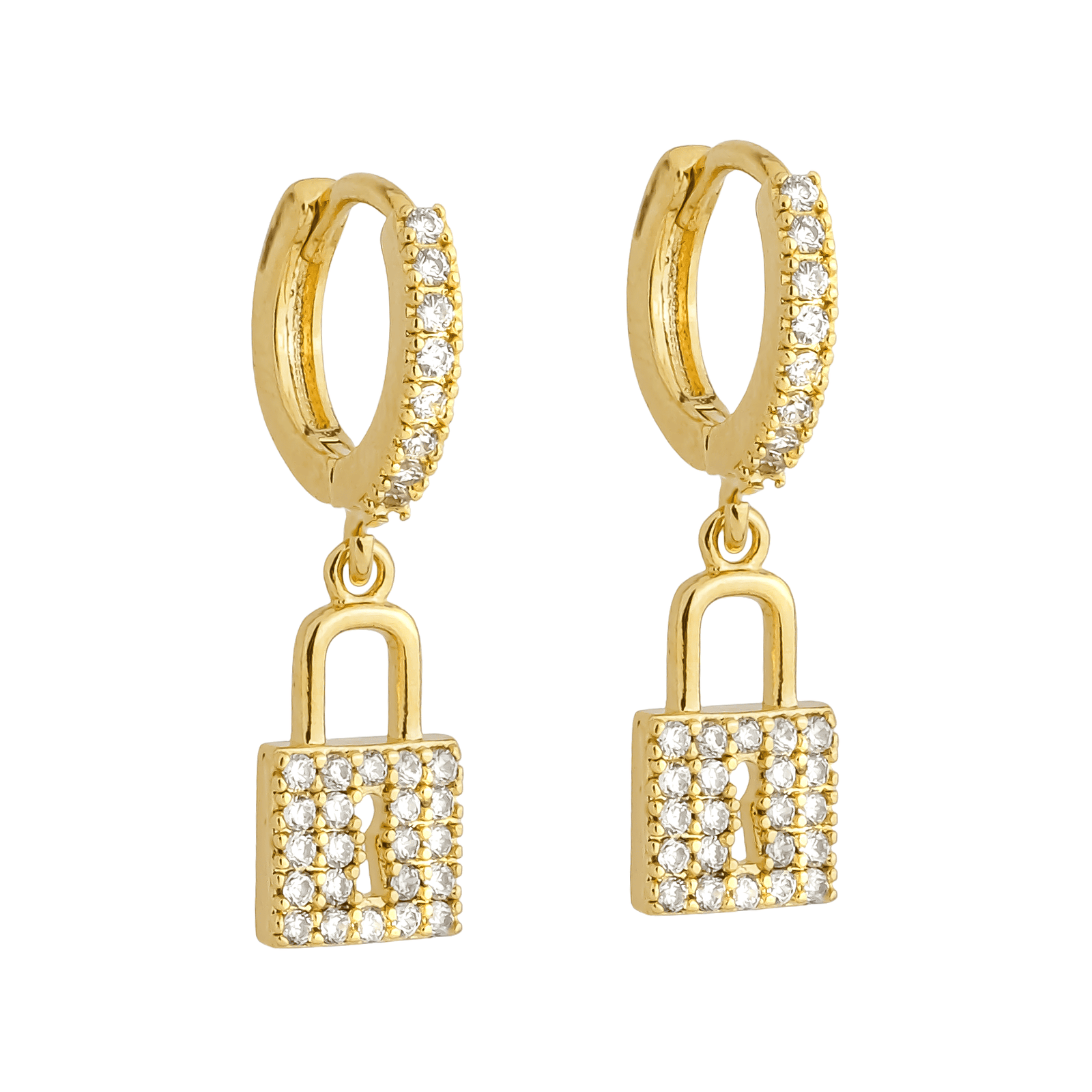 Brinco Dourado de Argolinha com Cadeado Cravejado de Zircônias