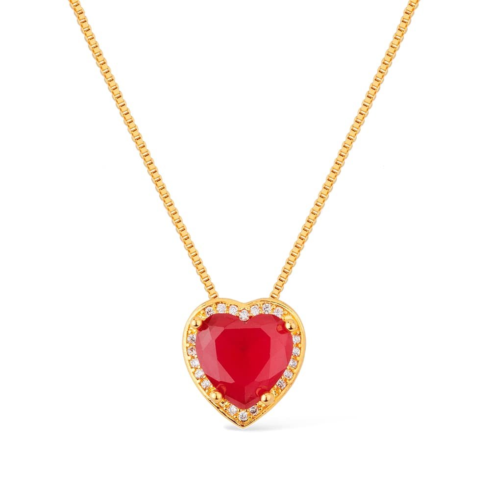 Colar Dourado de Pedra Natural Vermelha Coração Cravejado de Zircônia