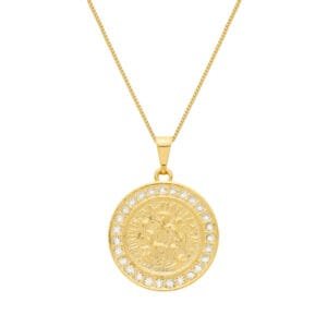 Colar Dourado Medalha São Miguel Arcanjo Cravejado de Zircônia