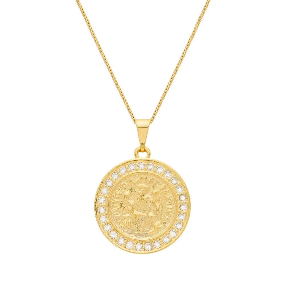 Colar Dourado Medalha São Miguel Arcanjo Cravejado de Zircônia