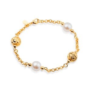 Pulseira Dourada Elo Português com Pérolas e Esferas Vazadas