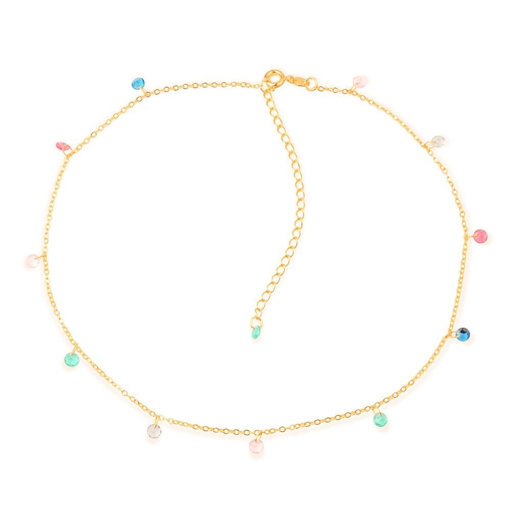 Colar Dourado Chocker Pontos de Luz Coloridos Cristais